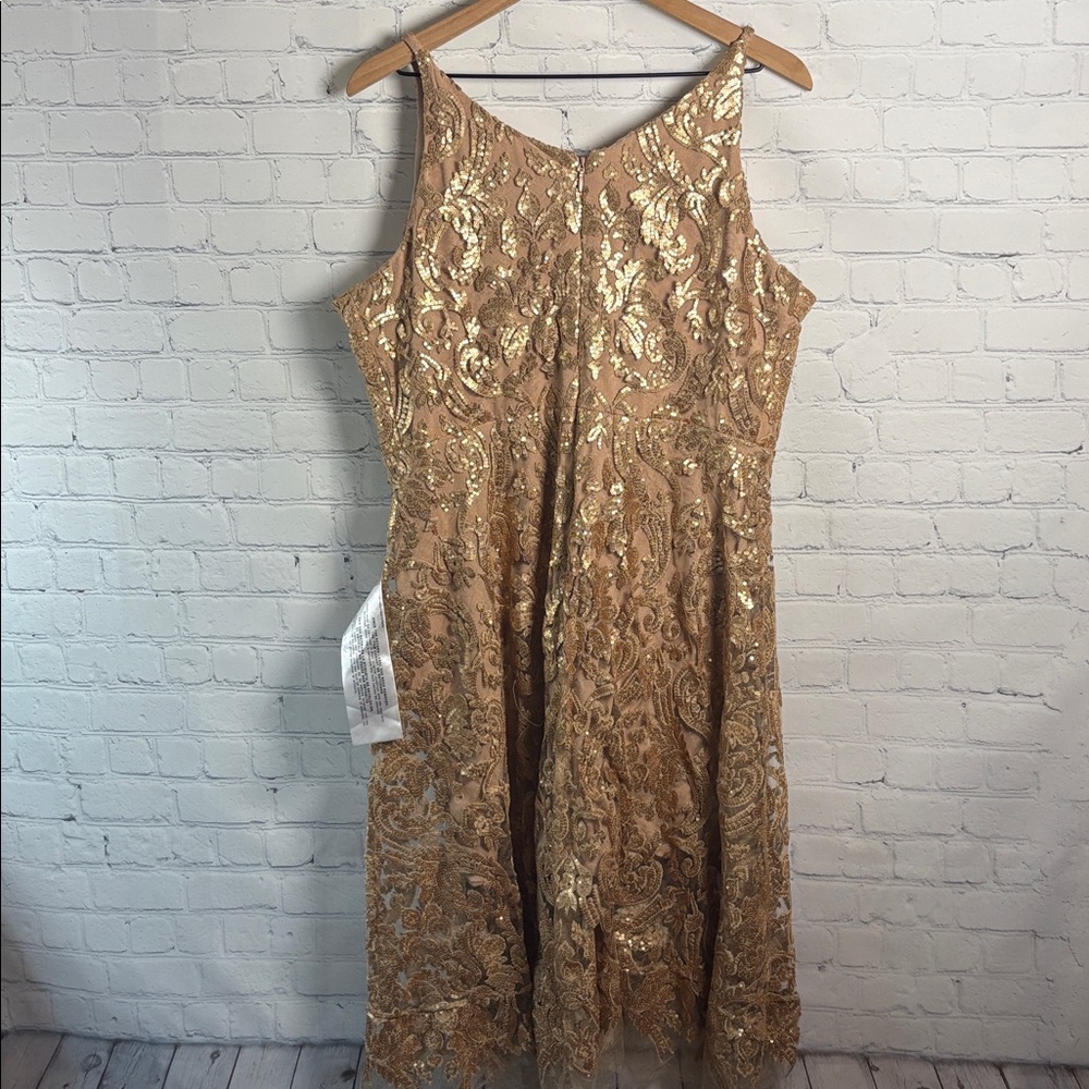 DRESS the POPULATION NWT Blair Gold Sequin Lace Mesh Sleeveless Dress size XL - Picture 3 of 9
